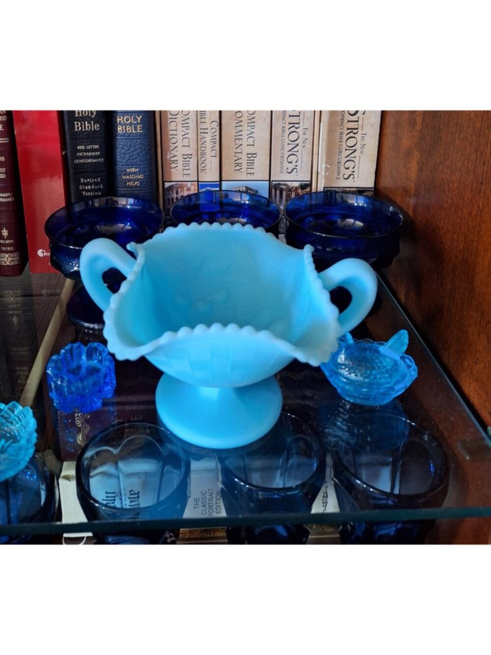 Fenton Three Fruits #8242 Handled Compote Satin Blue Milk Glass - Picture 3 of 9